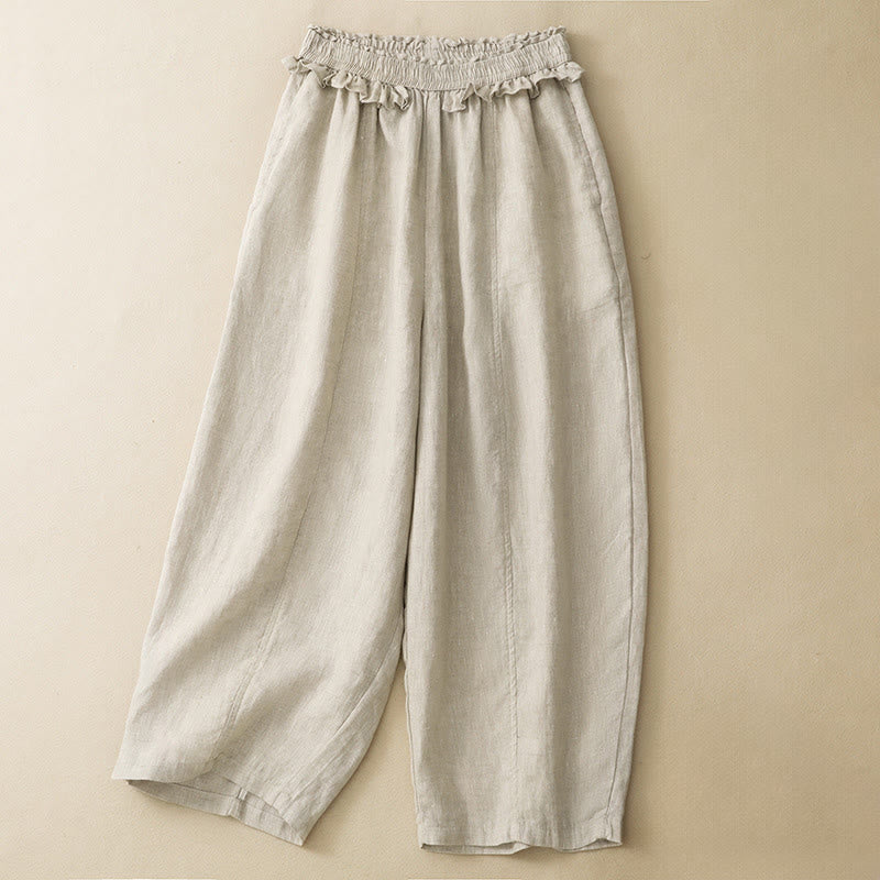 Buddha Stones Lässige, minimalistische Sommerhose mit Rüschen, elastischem Bund und geradem Bein, geradem Bein und Tasche - Beige - US8-10, UK/AU12-14, EU40-42 (2XL) - image 15