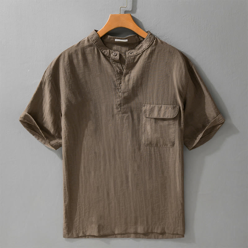 Buddha Stones Lässiges Sommerhemd im Tang-Stil mit Stehkragen, halber Knopfleiste, einfarbig, Kurzarm, mit Ziertasche - Sienna - US/UK/AU42, EU52 (3XL) - image 13