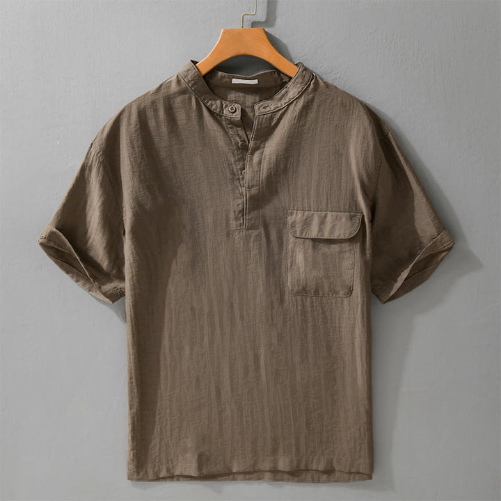 Buddha Stones Lässiges Sommerhemd im Tang-Stil mit Stehkragen, halber Knopfleiste, einfarbig, Kurzarm, mit Ziertasche - Sienna - US/UK/AU42, EU52 (3XL) - image 13
