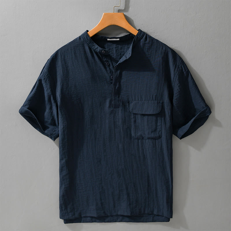Buddha Stones Lässiges Sommerhemd im Tang-Stil mit Stehkragen, halber Knopfleiste, einfarbig, Kurzarm, mit Ziertasche - Mitternachtsblau - US/UK/AU42, EU52 (3XL) - image 9