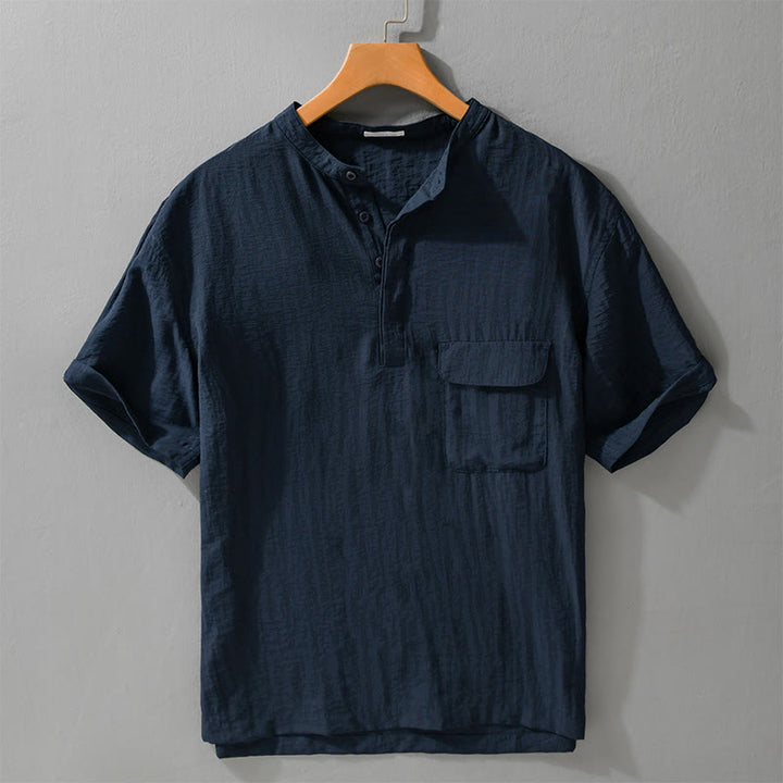 Buddha Stones Lässiges Sommerhemd im Tang-Stil mit Stehkragen, halber Knopfleiste, einfarbig, Kurzarm, mit Ziertasche - Mitternachtsblau - US/UK/AU42, EU52 (3XL) - image 9