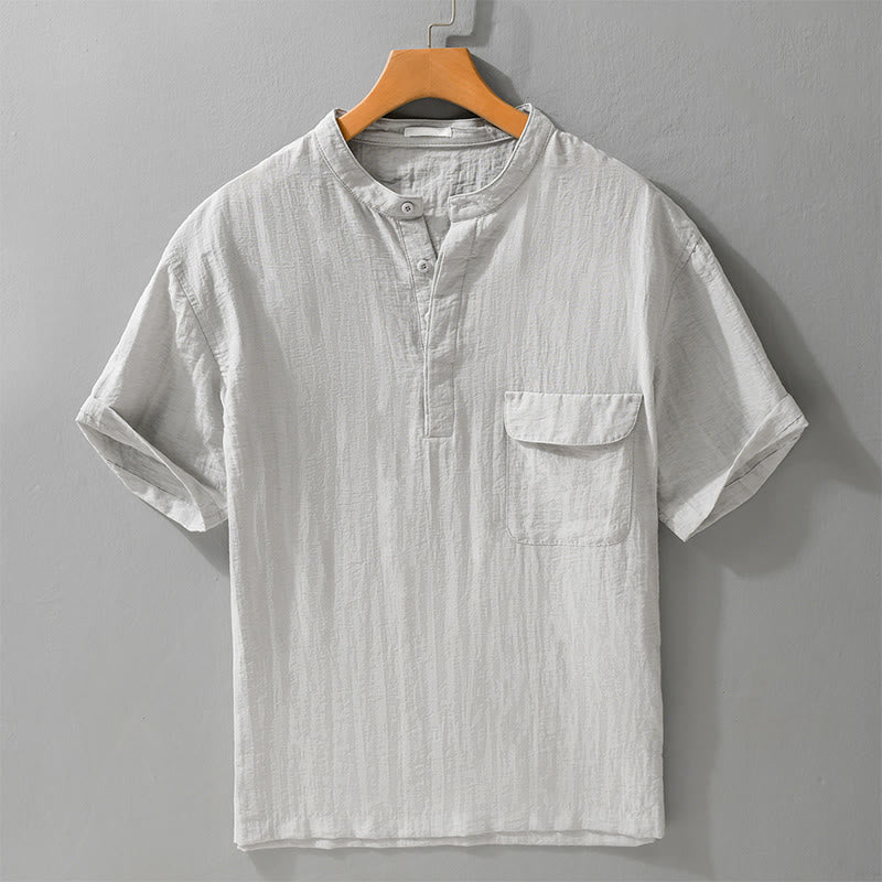 Buddha Stones Lässiges Sommerhemd im Tang-Stil mit Stehkragen, halber Knopfleiste, einfarbig, Kurzarm, mit Ziertasche - Gainsboro - US/UK/AU42, EU52 (3XL) - image 0