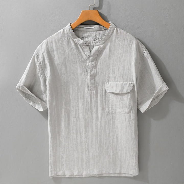 Buddha Stones Lässiges Sommerhemd im Tang-Stil mit Stehkragen, halber Knopfleiste, einfarbig, Kurzarm, mit Ziertasche - Gainsboro - US/UK/AU42, EU52 (3XL) - image 0