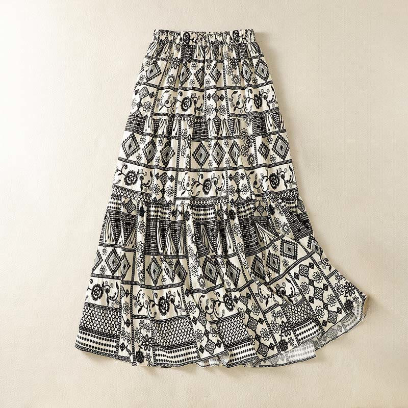 Buddha Stones Sommerlicher, lässiger Boho-Rock für Damen in Schwarz, Beige, geometrischem Blumenmuster - image 1