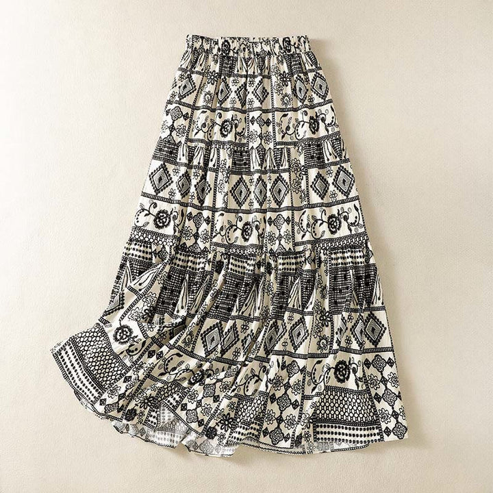 Buddha Stones Sommerlicher, lässiger Boho-Rock für Damen in Schwarz, Beige, geometrischem Blumenmuster - Beige - US4-6, UK/AU8-10, EU36-38 (SM) - image 0