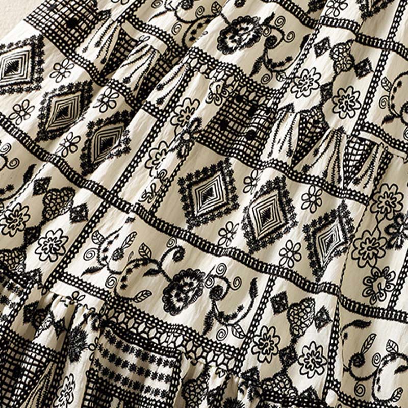 Buddha Stones Sommerlicher, lässiger Boho-Rock für Damen in Schwarz, Beige, geometrischem Blumenmuster - image 5