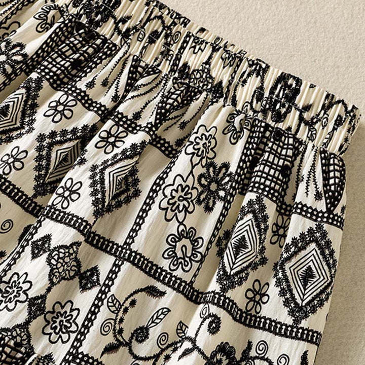 Buddha Stones Sommerlicher, lässiger Boho-Rock für Damen in Schwarz, Beige, geometrischem Blumenmuster - image 4