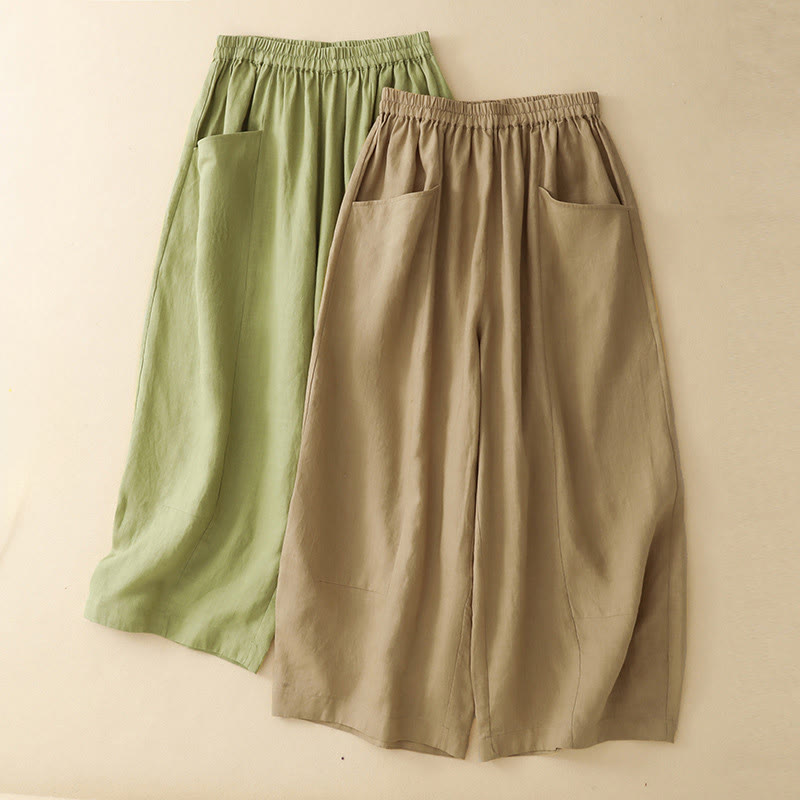 Buddha Stones Lässige, einfarbige, knöchellange Hose mit elastischem Bund und Taschen für Damen - image 15