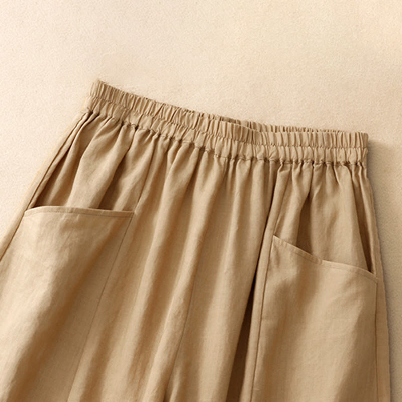 Buddha Stones Lässige, einfarbige, knöchellange Hose mit elastischem Bund und Taschen für Damen - image 2