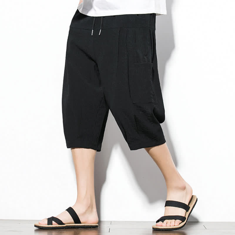 Buddha Stones Lässige, minimalistische Herren-Cropped-Hose mit Kordelzug und Tasche für den Sommer. - Schwarz - US/UK/AU46, EU56 (5XL) - image 8