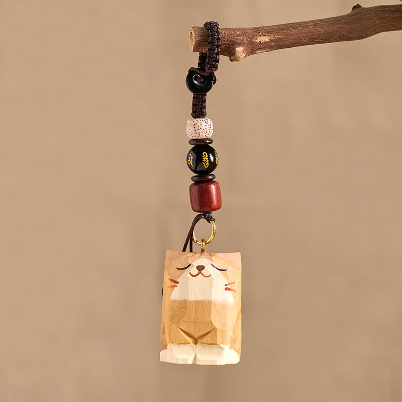 Buddha Stones Handgeschnitzte Schlüsselanhänger aus Holz mit Katzenmotiven und dem Schriftzug „Om Mani Padme Hum Peace“ - image 3