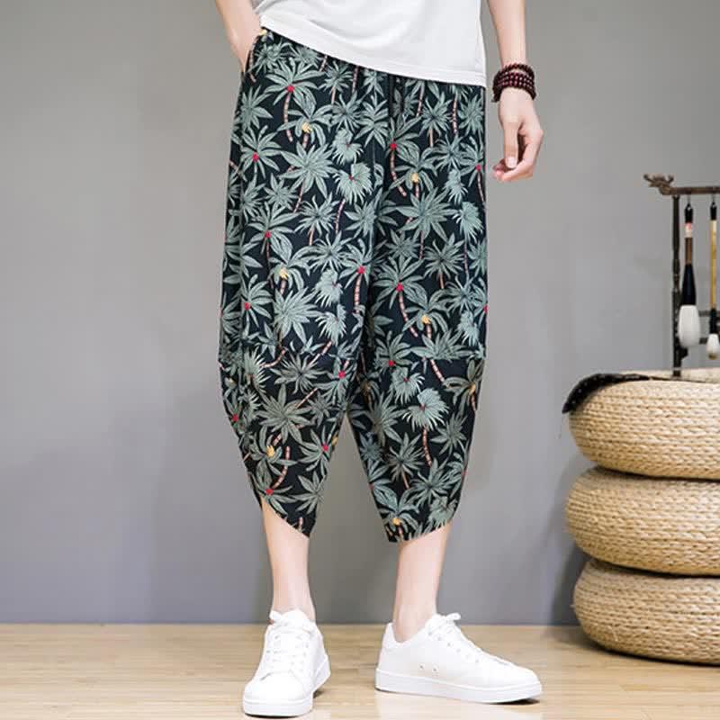 Buddha Stones Sommerliche Boho-Caprihose mit Kordelzug, Blumenmuster, Herren-Haremshose mit Tasche - image 1