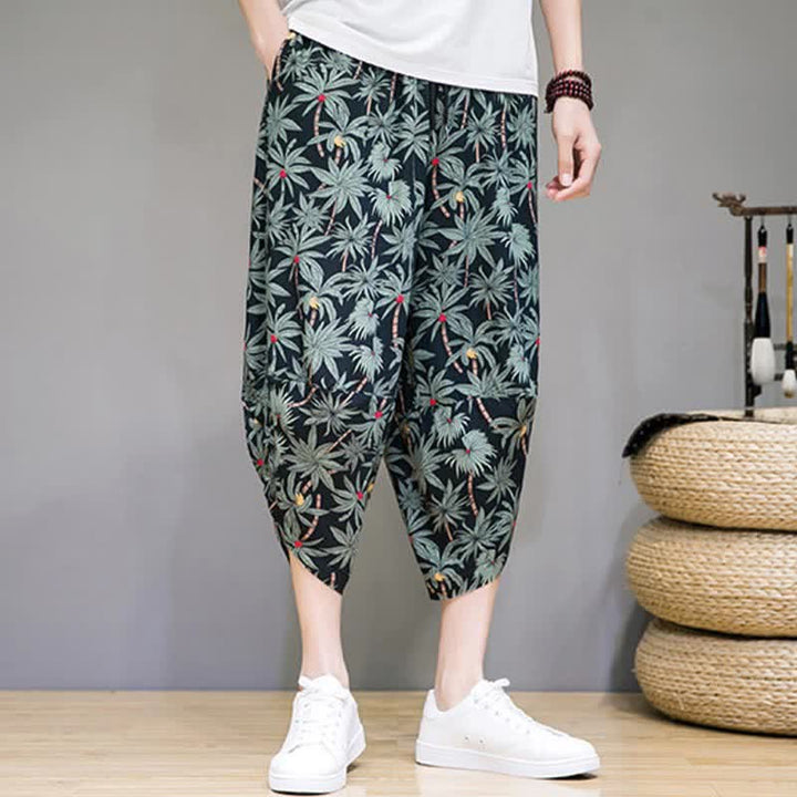 Buddha Stones Sommerliche Boho-Caprihose mit Kordelzug, Blumenmuster, Herren-Haremshose mit Tasche - image 1