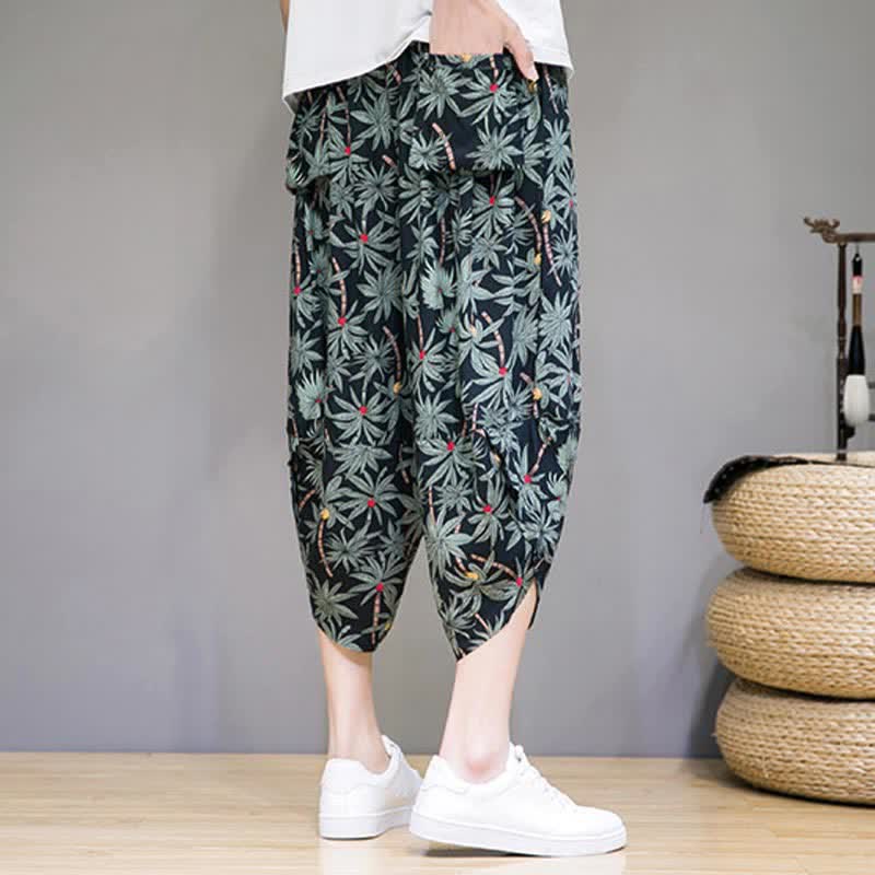 Buddha Stones Sommerliche Boho-Caprihose mit Kordelzug, Blumenmuster, Herren-Haremshose mit Tasche - image 3