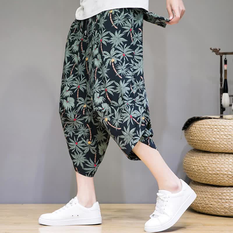 Buddha Stones Sommerliche Boho-Caprihose mit Kordelzug, Blumenmuster, Herren-Haremshose mit Tasche - Schwarz - US/UK/AU46, EU56 (5XL) - image 0