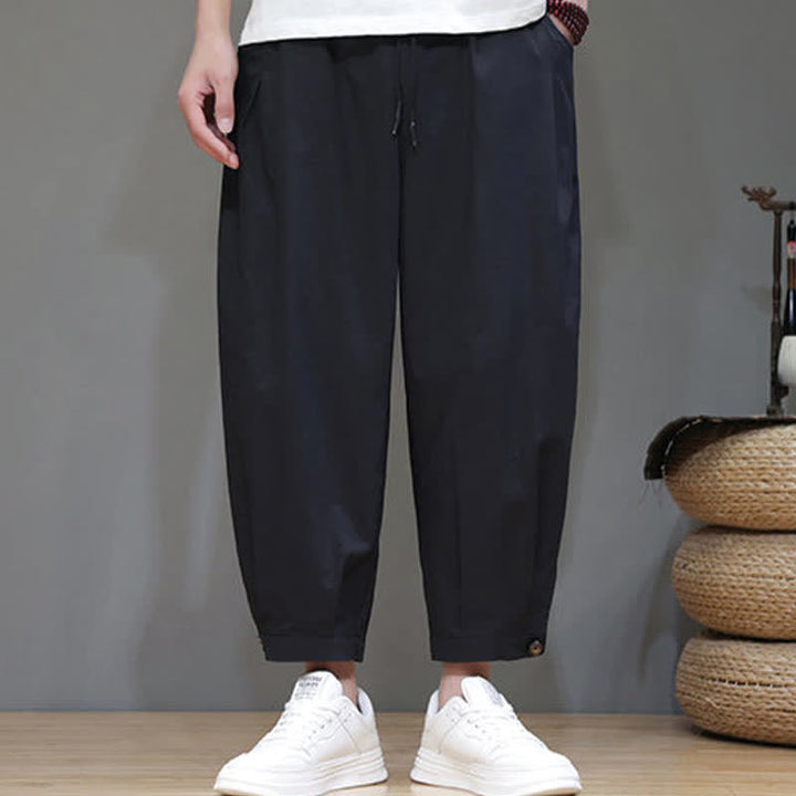 Buddha Stones Lässige, minimalistische Herren-Cropped-Hose mit Kordelzug und Tasche für den Sommer. - Schwarz - US/UK/AU46, EU56 (5XL) - image 4