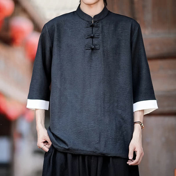 Buddha Stones Sommerliches Herrenhemd im Vintage-Stil mit Mandarin-Kragen, Froschknopf und Ellbogenlänge, Tang-Stil - Schwarz - US/UK/AU46, EU56 (5XL) - image 4