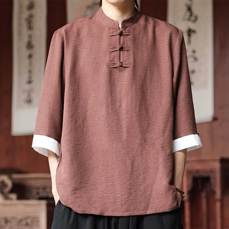 Buddha Stones Sommerliches Herrenhemd im Vintage-Stil mit Mandarin-Kragen, Froschknopf und Ellbogenlänge, Tang-Stil - DarkSalmon - US/UK/AU46, EU56 (5XL) - image 0