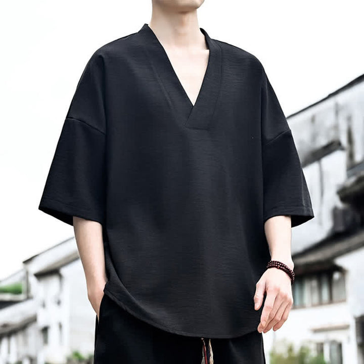 Buddha Stones Sommerliches minimalistisches, lässiges Kurzarm-T-Shirt für Herren mit Seitenschlitz - image 8