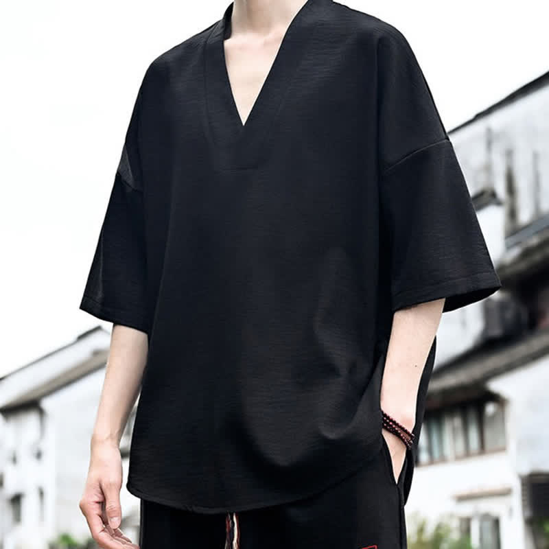 Buddha Stones Sommerliches minimalistisches, lässiges Kurzarm-T-Shirt für Herren mit Seitenschlitz - image 9