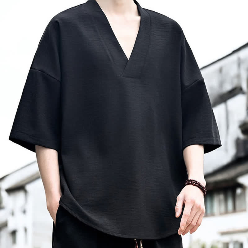 Buddha Stones Sommerliches minimalistisches, lässiges Kurzarm-T-Shirt für Herren mit Seitenschlitz - image 13