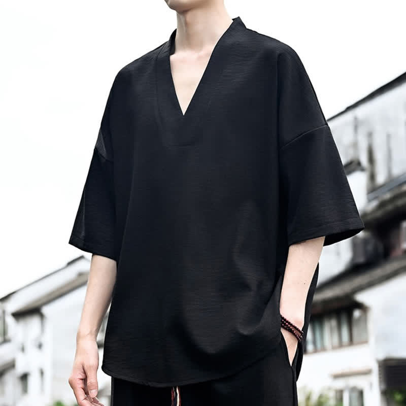 Buddha Stones Sommerliches minimalistisches, lässiges Kurzarm-T-Shirt für Herren mit Seitenschlitz - image 15