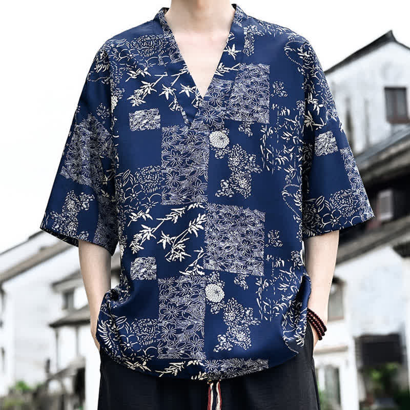 Buddha Stones Sommerliches, lässiges Tang-Style Herren-T-Shirt mit Blumenmuster und V-Ausschnitt, Kurzarm - image 1