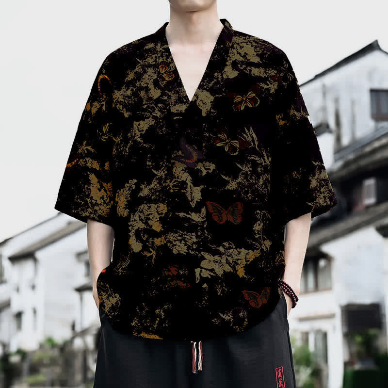 Buddha Stones Sommerliches, lässiges Tang-Style Herren-T-Shirt mit Blumenmuster und V-Ausschnitt, Kurzarm - Schwarz - US/UK/AU46, EU56 (5XL) - image 4