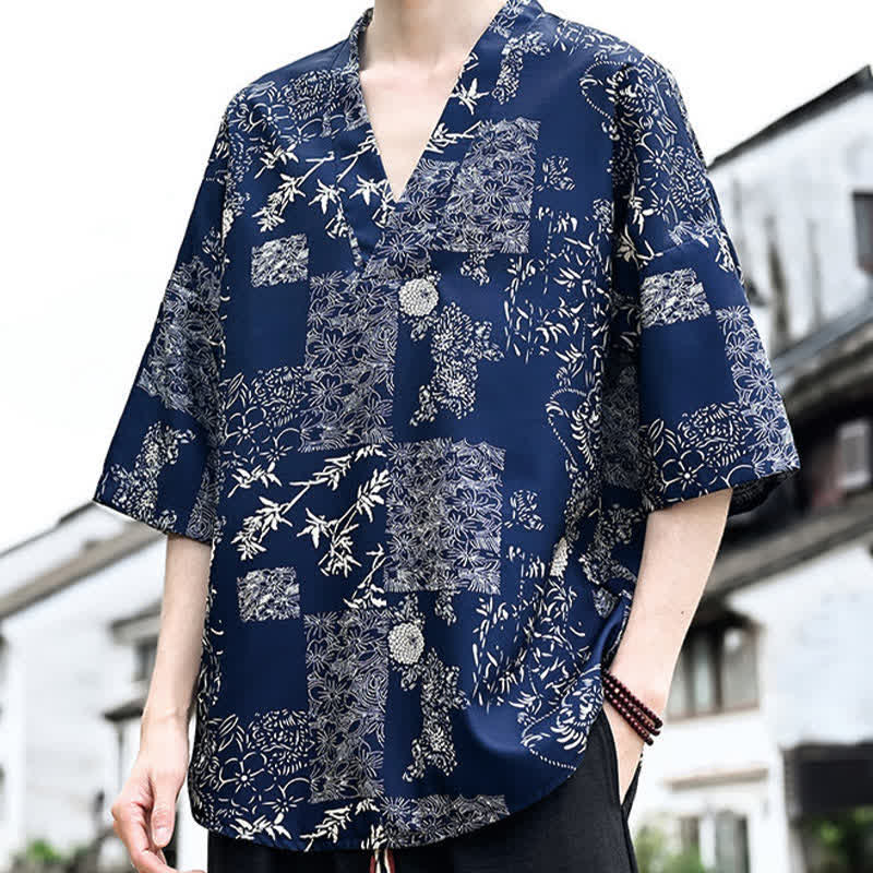 Buddha Stones Sommerliches, lässiges Tang-Style Herren-T-Shirt mit Blumenmuster und V-Ausschnitt, Kurzarm - image 3