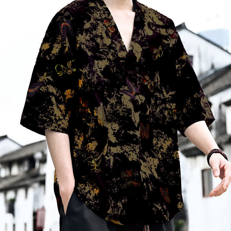 Buddha Stones Sommerliches, lässiges Tang-Style Herren-T-Shirt mit Blumenmuster und V-Ausschnitt, Kurzarm - image 9