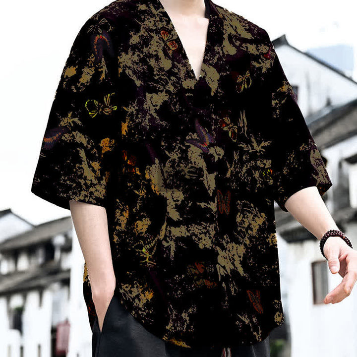 Buddha Stones Sommerliches, lässiges Tang-Style Herren-T-Shirt mit Blumenmuster und V-Ausschnitt, Kurzarm - image 9