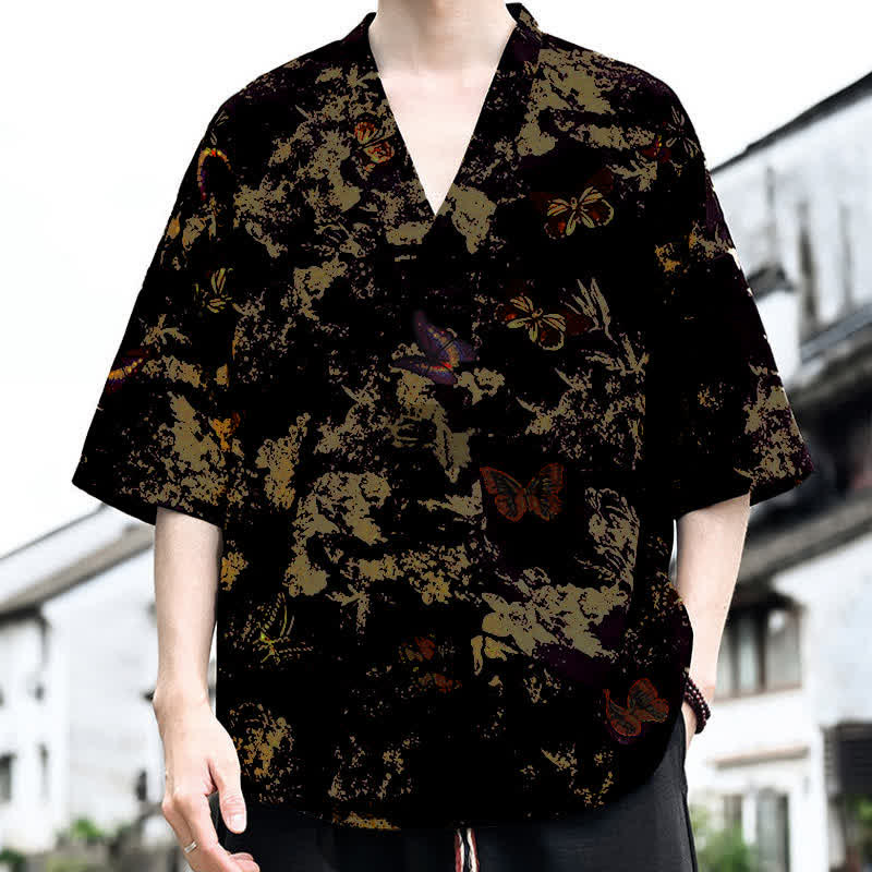 Buddha Stones Sommerliches, lässiges Tang-Style Herren-T-Shirt mit Blumenmuster und V-Ausschnitt, Kurzarm - image 5