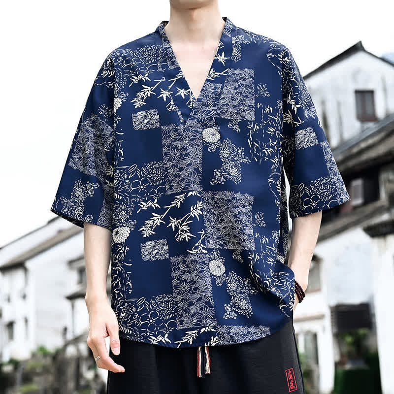 Buddha Stones Sommerliches, lässiges Tang-Style Herren-T-Shirt mit Blumenmuster und V-Ausschnitt, Kurzarm - Marine - US/UK/AU46, EU56 (5XL) - image 0