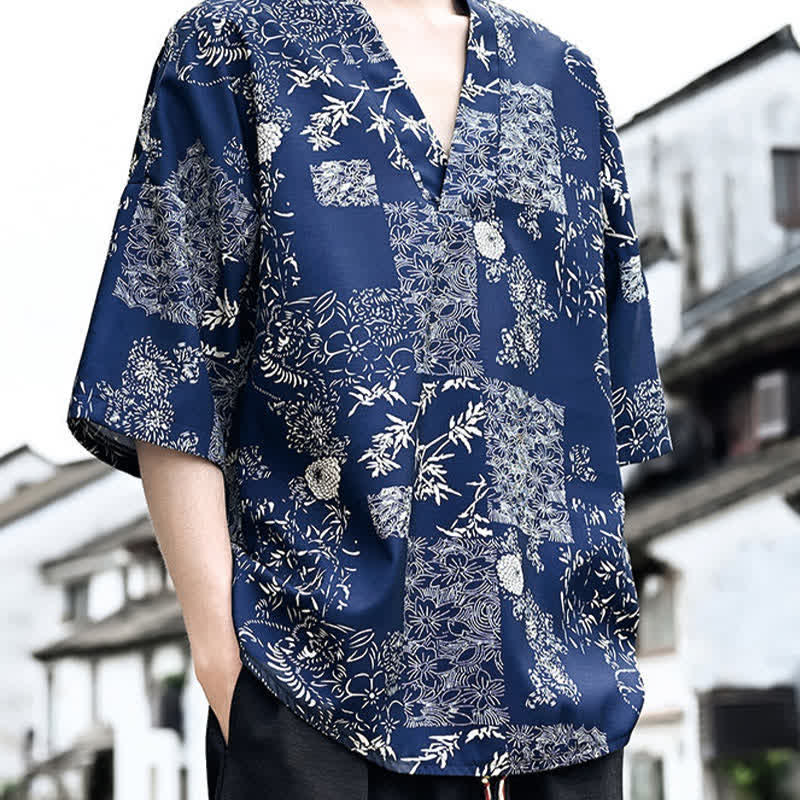 Buddha Stones Sommerliches, lässiges Tang-Style Herren-T-Shirt mit Blumenmuster und V-Ausschnitt, Kurzarm - image 2