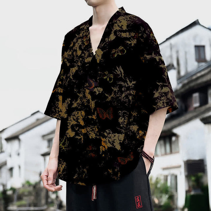 Buddha Stones Sommerliches, lässiges Tang-Style Herren-T-Shirt mit Blumenmuster und V-Ausschnitt, Kurzarm - image 10