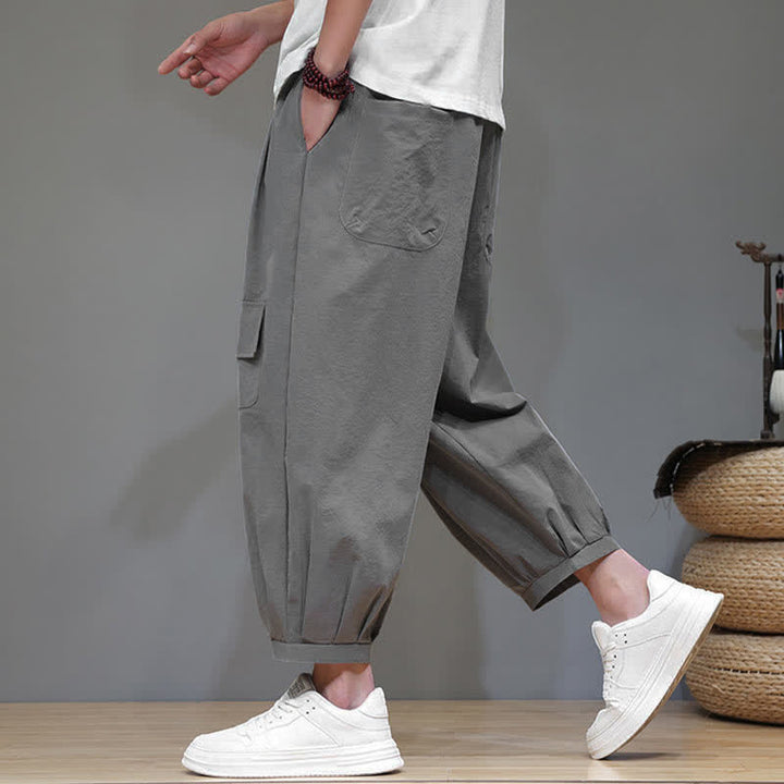 Buddha Stones Lässige, minimalistische Caprihose mit Kordelzug und Taschen für Herren - image 9