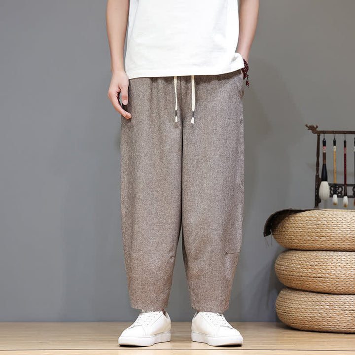 Buddha Stones Lässige, minimalistische Sommerhose mit Kordelzug, einfarbig, verkürzt, Herrenhose mit schmal zulaufendem Bein und Taschen - image 1