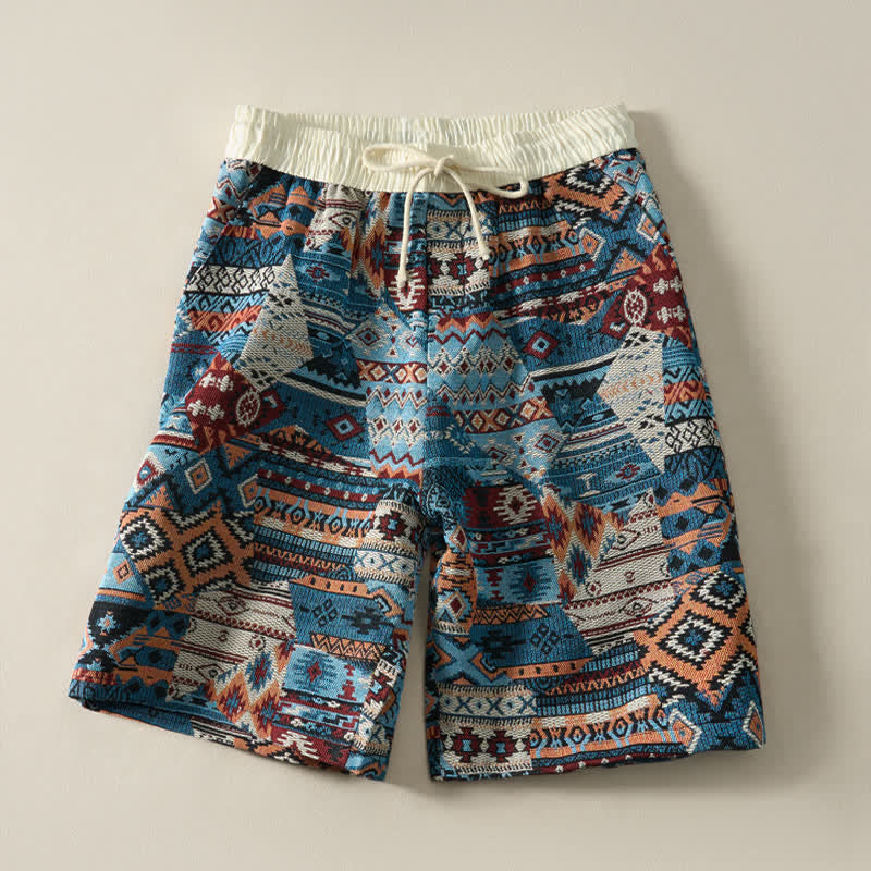 Buddha Stones Sommer-Freizeit-Boho-Shorts für Herren mit Kordelzug, geometrischem Muster und Taschen - SteelBlue - US/UK/AU46, EU56 (5XL) - image 0