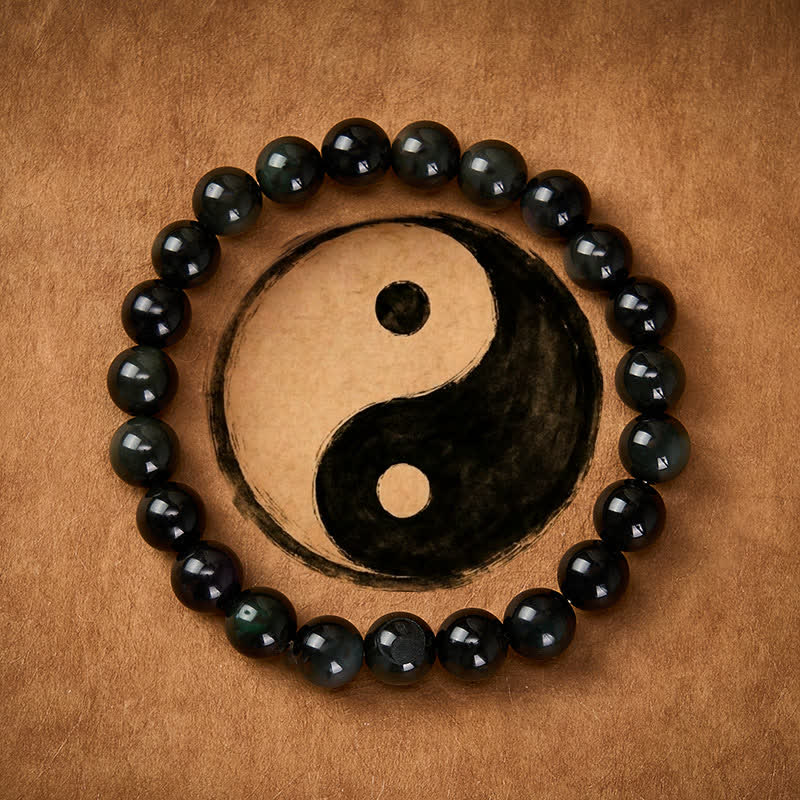 Buddha Stones Regenbogen Obsidian Yin Yang Balance Rundperlenarmband - image 1