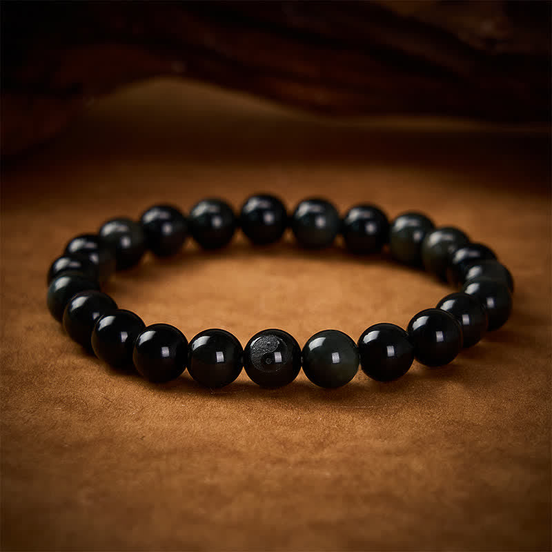 Buddha Stones Regenbogen Obsidian Yin Yang Balance Rundperlenarmband - Regenbogenobsidian (Farbveränderungen im Licht) - 8 mm - image 0