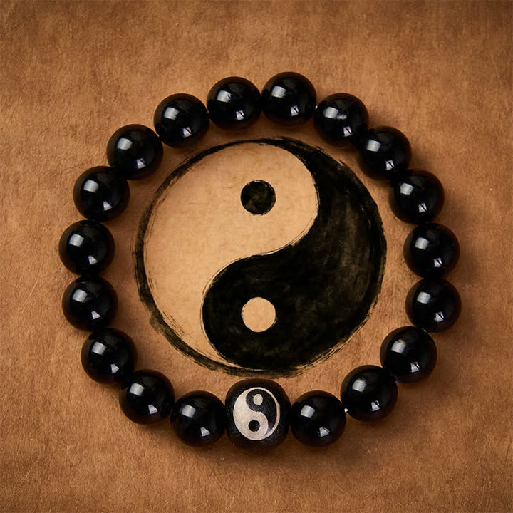 Buddha Stones Schutzarmband aus tibetischem schwarzem Obsidian und schwarzem Onyx mit Yin-Yang-Perlen - Schwarzer Obsidian (Reinigung ♥ Stärke) - image 0