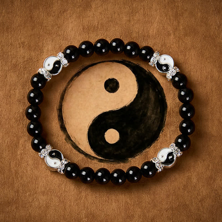 Buddha Stones Schwarzes Obsidian-Armband mit Yin-Yang-Symbol und rundem Anhänger - Yin Yang (Gleichgewicht ♥ Harmonie) - image 0