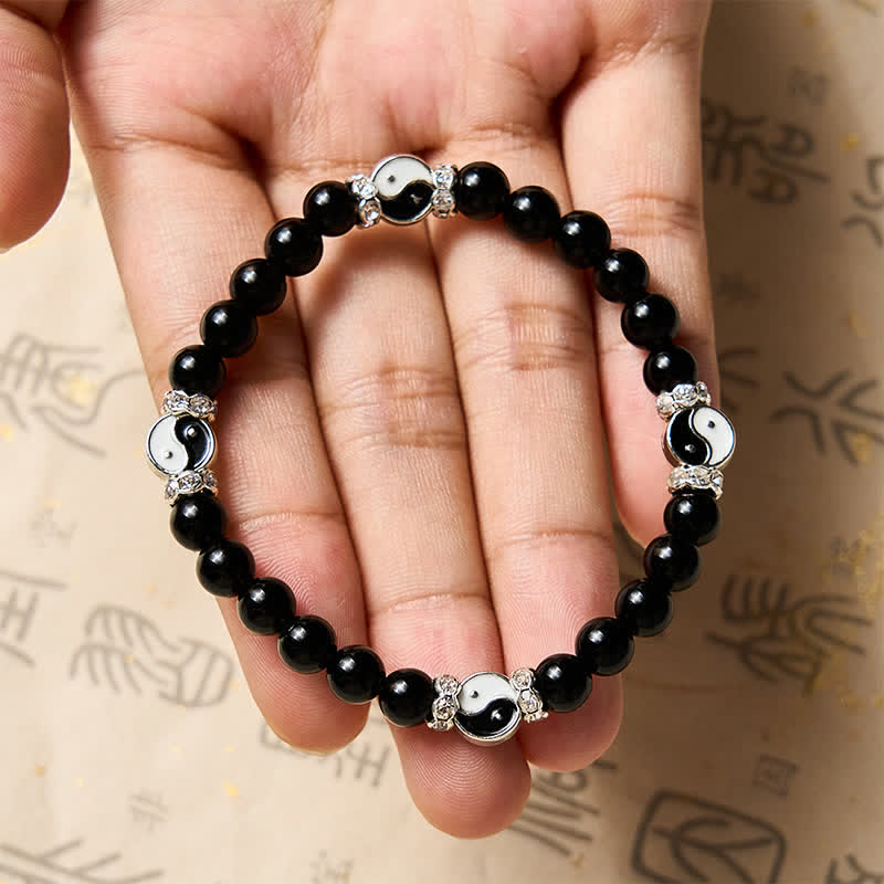 Buddha Stones Schwarzes Obsidian-Armband mit Yin-Yang-Symbol und rundem Anhänger - image 9