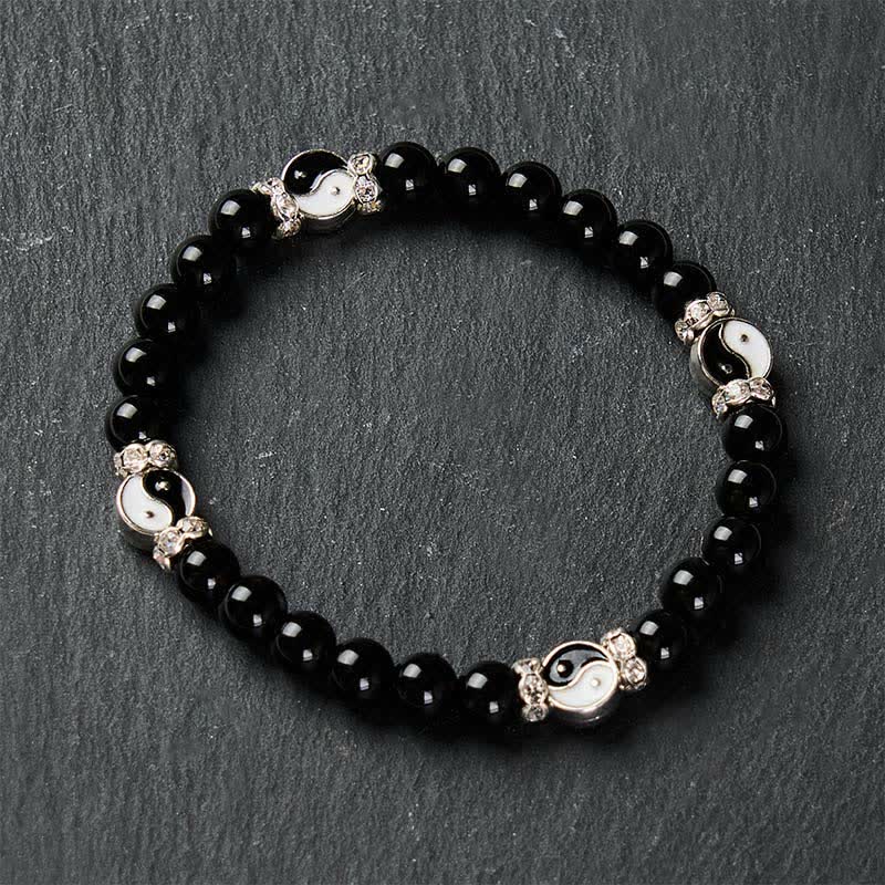 Buddha Stones Schwarzes Obsidian-Armband mit Yin-Yang-Symbol und rundem Anhänger - image 4