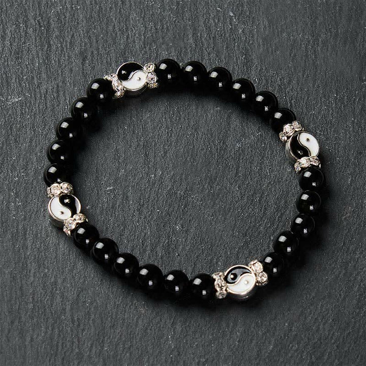 Buddha Stones Schwarzes Obsidian-Armband mit Yin-Yang-Symbol und rundem Anhänger - image 4