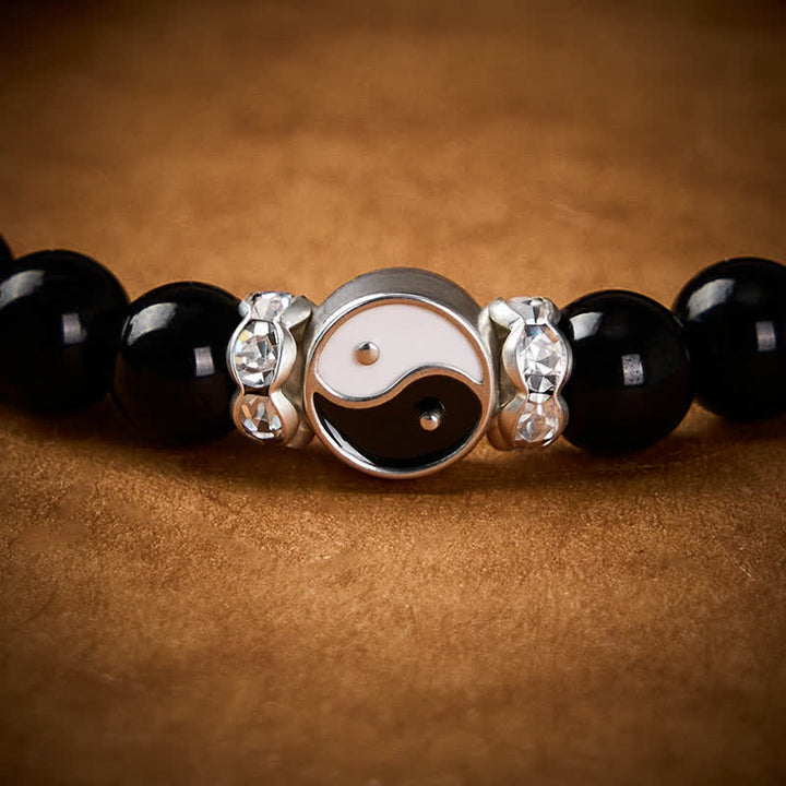 Buddha Stones Schwarzes Obsidian-Armband mit Yin-Yang-Symbol und rundem Anhänger - image 11