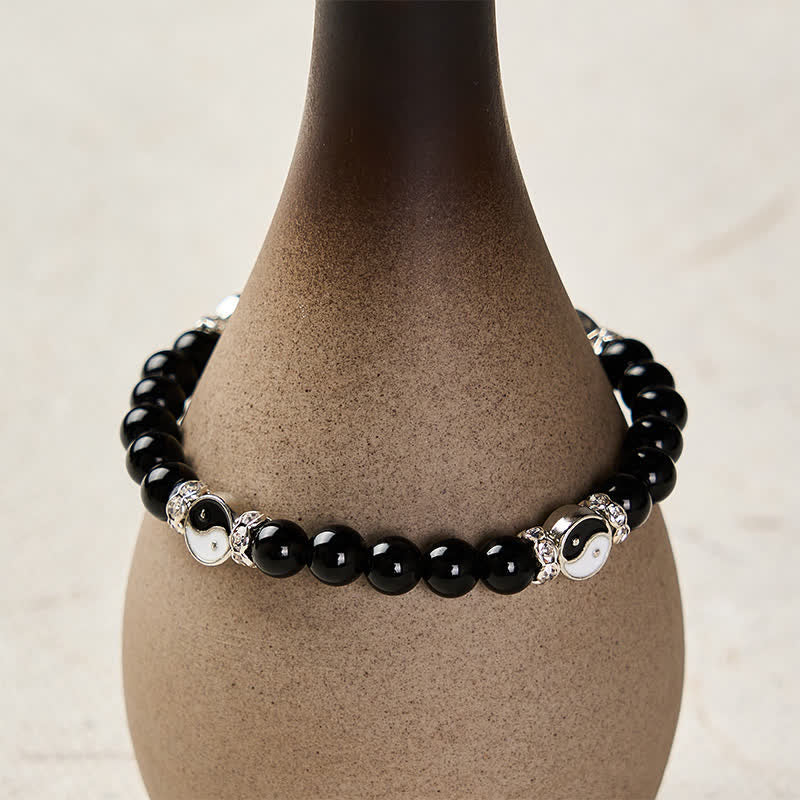 Buddha Stones Schwarzes Obsidian-Armband mit Yin-Yang-Symbol und rundem Anhänger - image 3