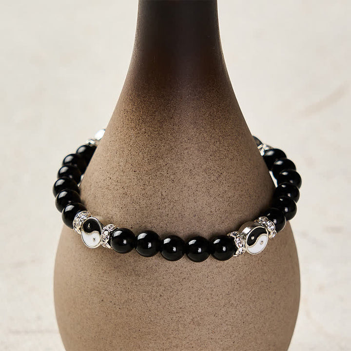 Buddha Stones Schwarzes Obsidian-Armband mit Yin-Yang-Symbol und rundem Anhänger - image 3