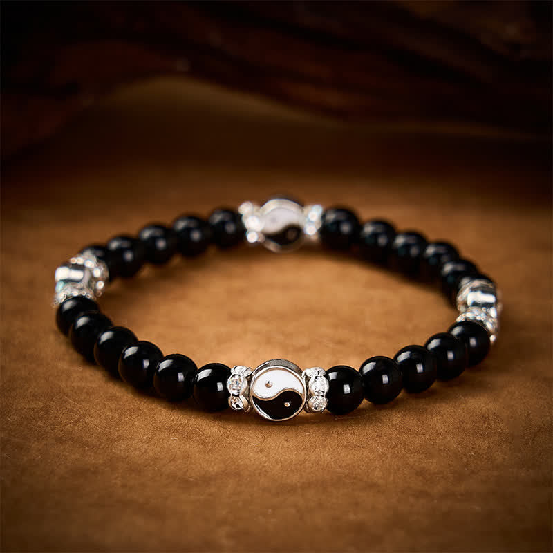 Buddha Stones Schwarzes Obsidian-Armband mit Yin-Yang-Symbol und rundem Anhänger - image 2