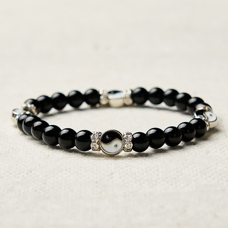 Buddha Stones Schwarzes Obsidian-Armband mit Yin-Yang-Symbol und rundem Anhänger - image 8